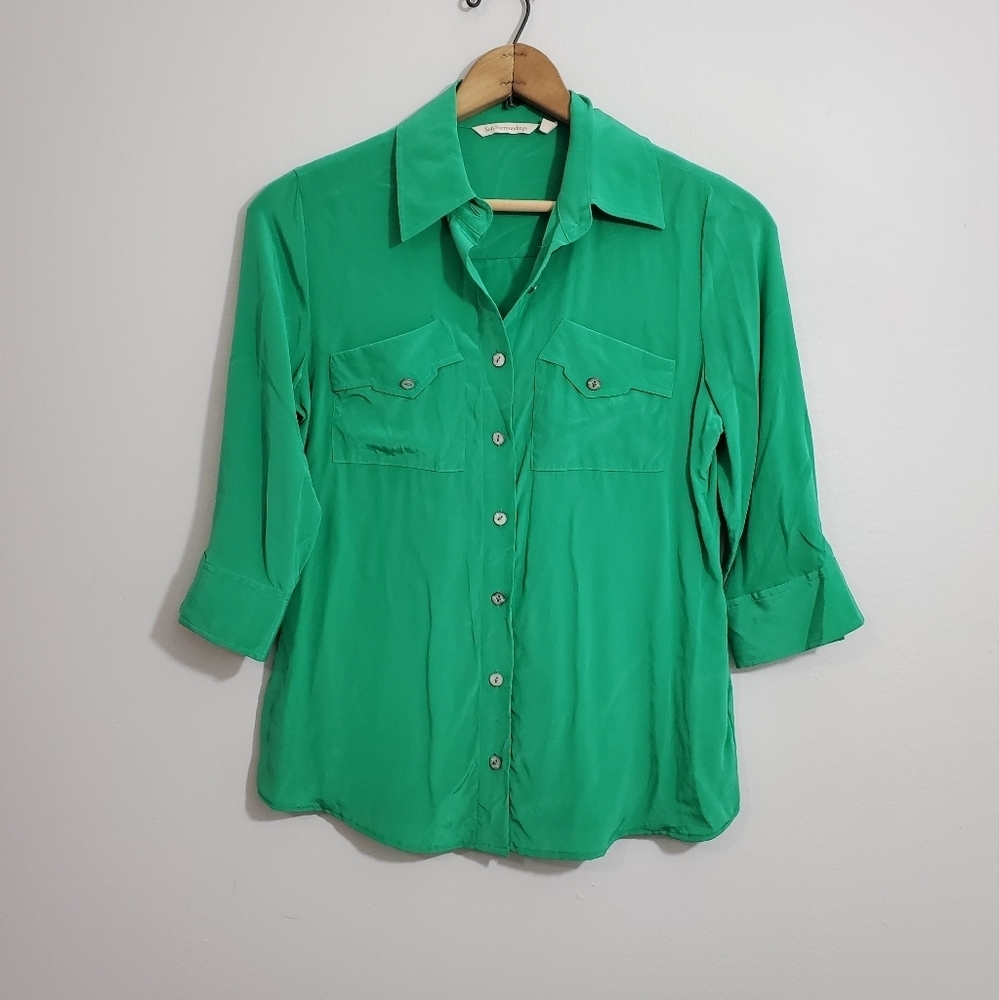Soft Surroundings Solid Green Silk Button Down Shirt